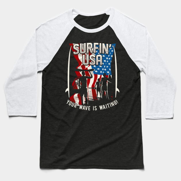 surfing usa with american flag Baseball T-Shirt by Dedonk.Graphic